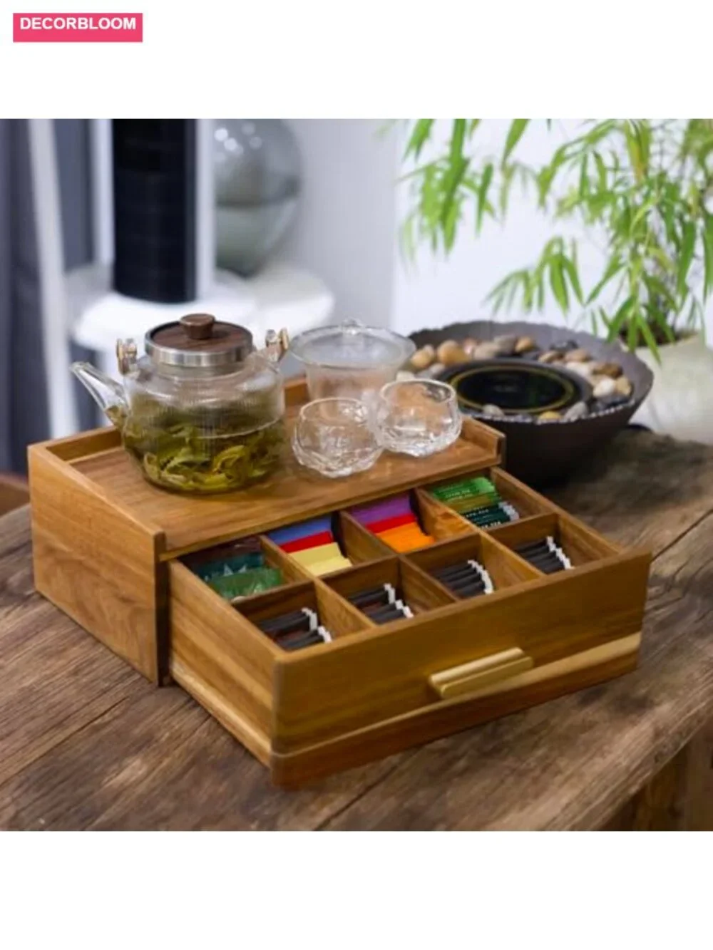 Acacia Wood Tea Bag Organizer with Storage Drawer and 8 Compartments